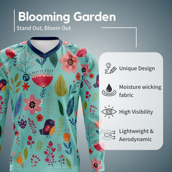 The Blooming Garden: A stylish and functional long-sleeve MTB jersey for women by Cycling Frelsi.