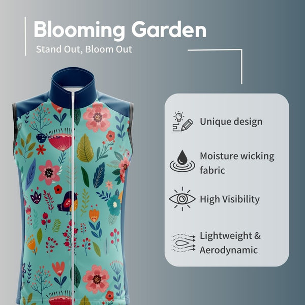 Blooming Garden Sleeveless Cycling Jersey featuring a vibrant and colorful floral design on a turquoise  background, designed for optimal comfort, breathability, and aerodynamics.