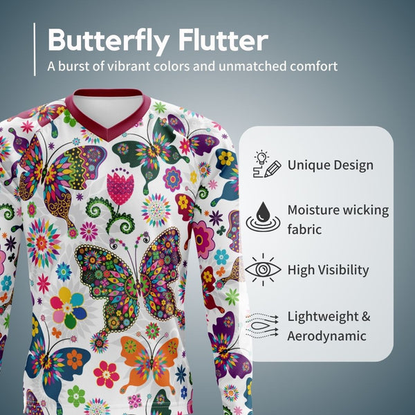 The Butterfly Flutter: A stylish and functional long-sleeve MTB jersey for women by Cycling Frelsi.