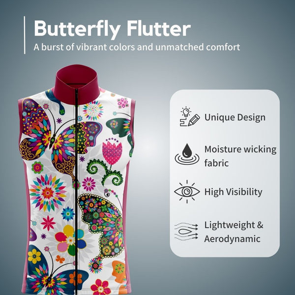 Turn heads and feel beautiful with the Butterfly Flutter sleeveless cycling jersey. Breathable, comfortable, and featuring a vibrant butterfly motif.