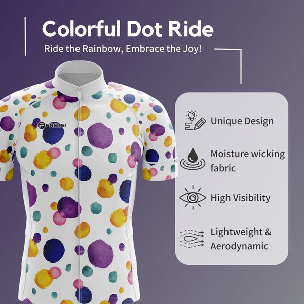 Colorful Dot Ride Cycling Set | Men's Short Sleeve Cycling Kit | Dynamic design of vivid ink dots dancing across a white canvas | Product Highlights