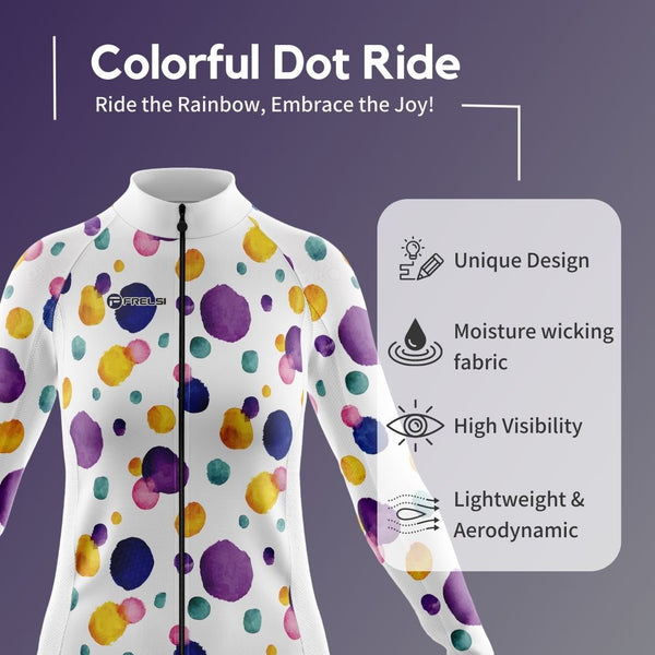 Colorful Dot Ride Cycling Set | Women's Short Sleeve Cycling Kit | dynamic design of vivid ink dots dancing across a white canvas