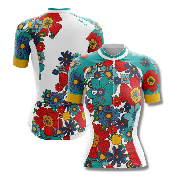 White cycling jersey with large red and green flower design - Colorful Flowers Cycling Jersey