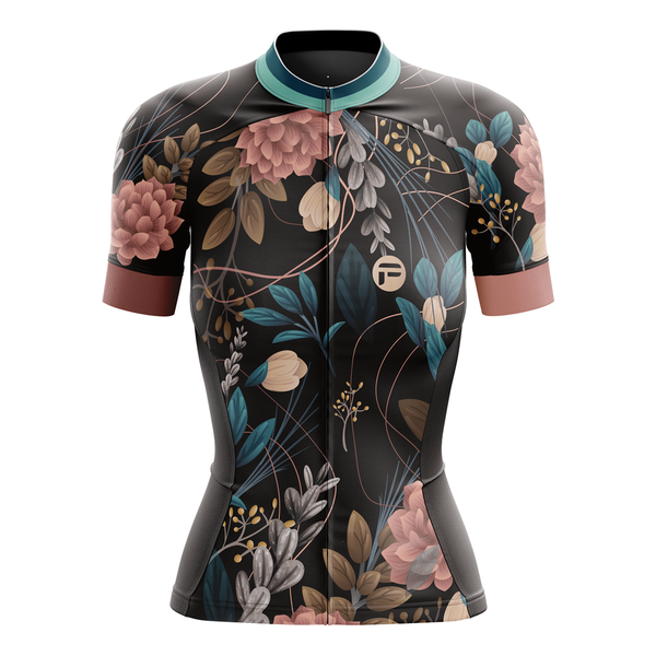 Black cycling jersey with pink flower print - Exotic Spring Cycling Jersey