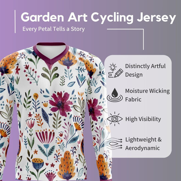 Garden Art MTB jersey: A unique floral design meets comfort and performance. Breathable, long-sleeved jersey for mountain bikers.