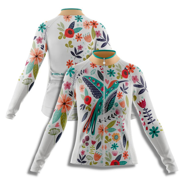 White cycling jersey with a hummingbird and floral design - My Happy Bird Cycling Jersey