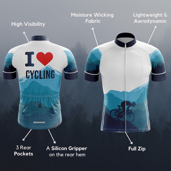 The world blurs, the sun ignites, the road sings. "I love cycling" jersey: find your rhythm, conquer every climb, feel alive on every pedal stroke.