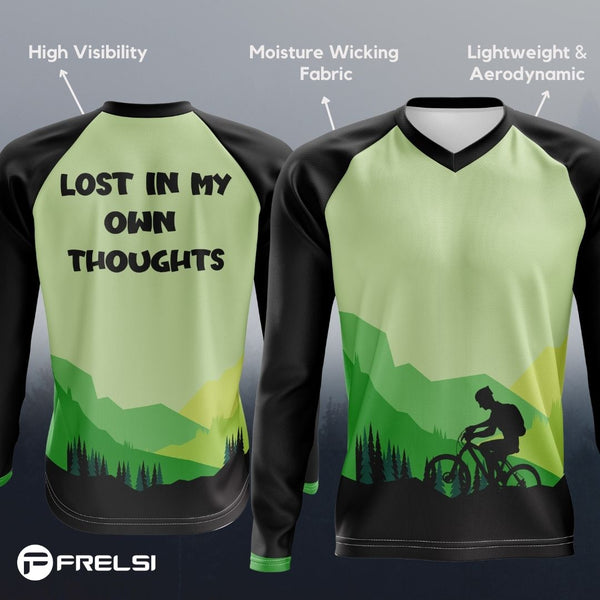 The world blurs, the forest sings, the heart drums its own rhythm. "Lost in My Own Thoughts" jersey: feel alive, pedal onward.