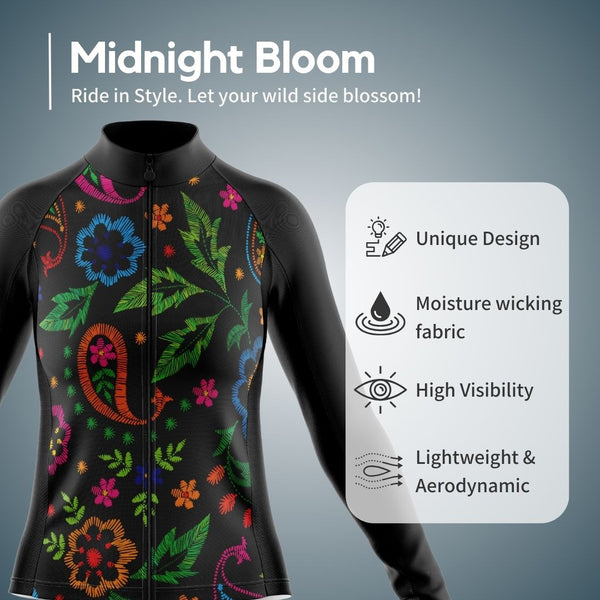 Midnight Bloom | Women's Short Sleeve Cycling Jersey features such as unique design, moisture wicking fabric, high visibility, lightweight and aerodynamic. The front of the jersey features a large design of blue and pink flowers that resemble roses and pansies.