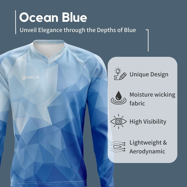 Stay cool and conquer any terrain with the Ocean Blue MTB jersey. Breathable fabric, relaxed fit, and a refreshing blue color.