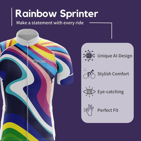 Highlights about a women's cycling jersey called "Rainbow Sprinter"