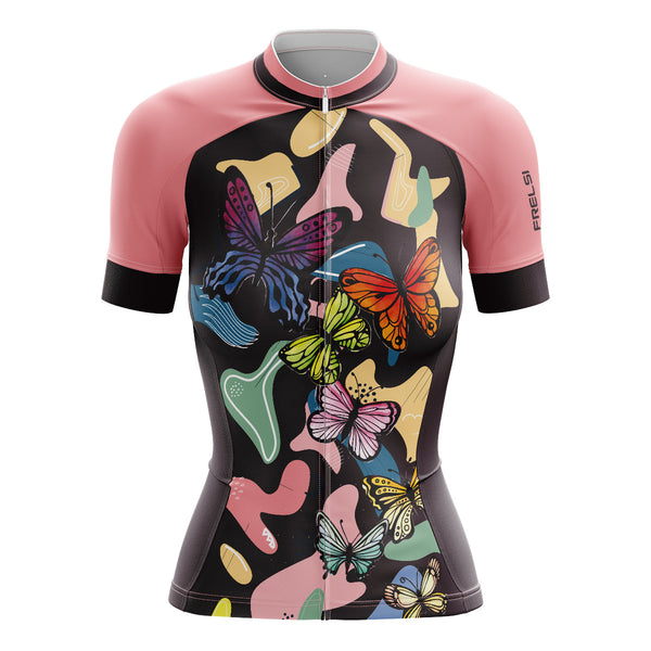 Cycling jersey with large butterfly designs and pink shapes on the shoulders - Riding with Butterflies Cycling Jersey