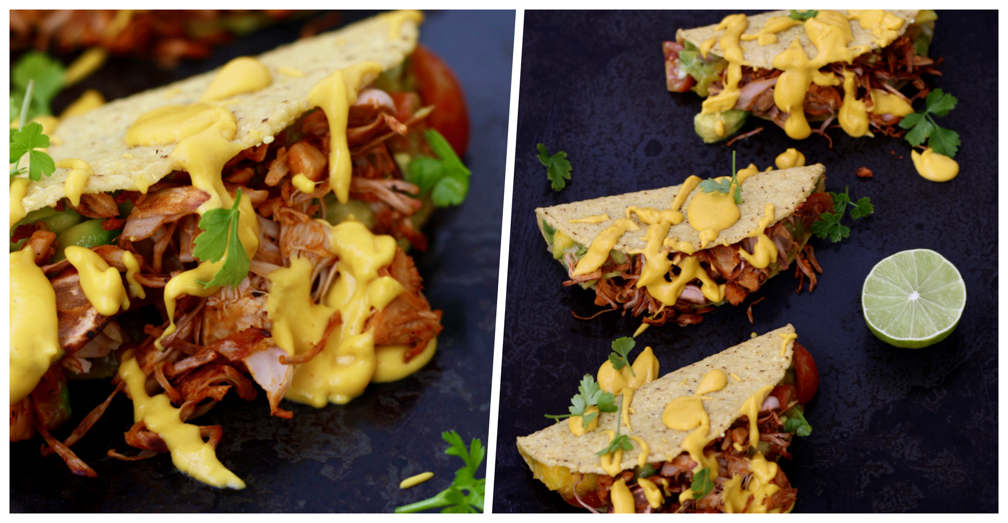 Mexikanische Tacos mit Avocado-Mango-Salat und Cheddarsauce | Kochen mit JACKY F. Bio-Jackfruit