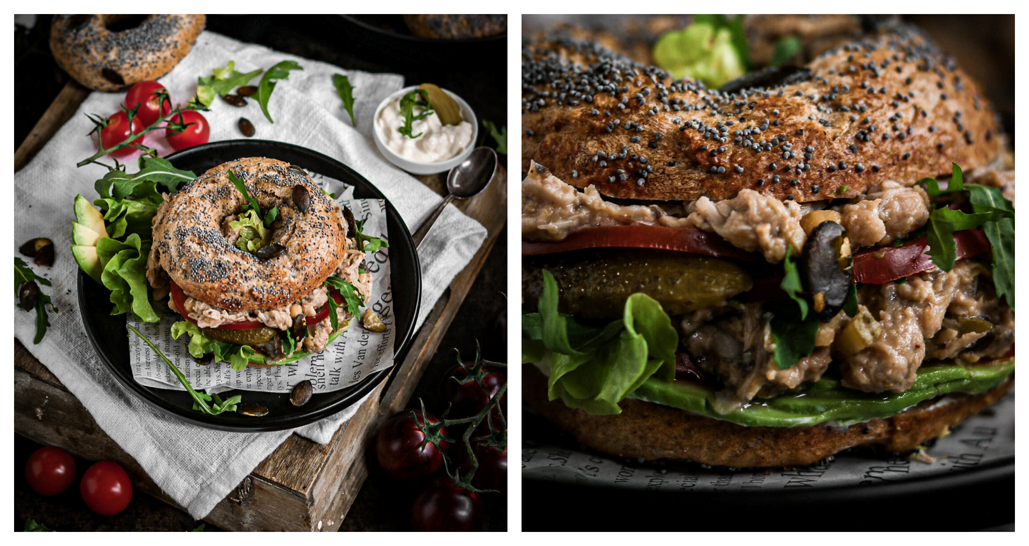 Collage zweier Bilder von einem Bagel mit veganem Thunfischsalat aus Jackfruit mit knackigem Salat, Zwiebelringen und Gewürzgurken