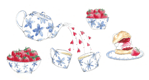 Illustrated blue and white patterned teapot pouring out tea and hearts into 2 mugs with a scone and 1 bowls of strawberries