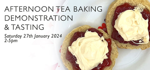 Scones with jam and cream on a poster for afternoon tea and baking demonstration