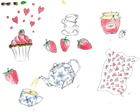 Line drawing with watercolour of cupcakes, pot of jam, teapot pouring tea, mugs and strawberries