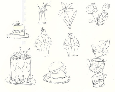 line drawings of cakes, scones, vases of flowers and mugs