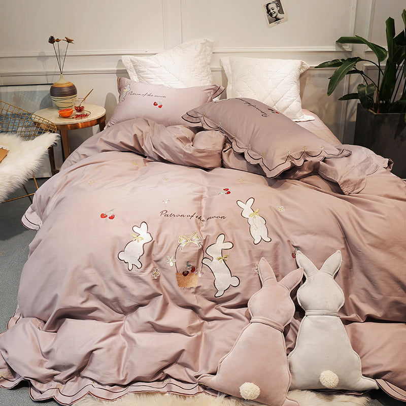 Cute Rabbit Bedding Set Egyptian Cotton Duvet Cover Pillowcase Bed