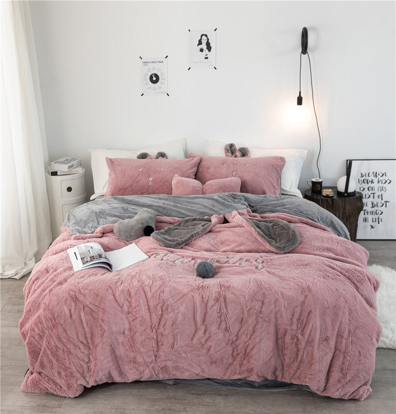 White Grey Pink Fleece Fabric Duvet Cover Pillowcase Bed Sheet