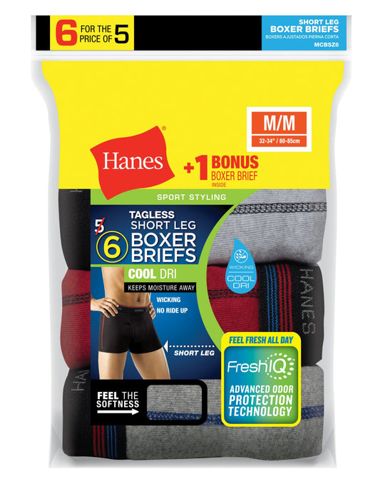 MCBSZ6 - Hanes Mens TAGLESS Short Leg Sport Styling Boxer Briefs 6-Pack