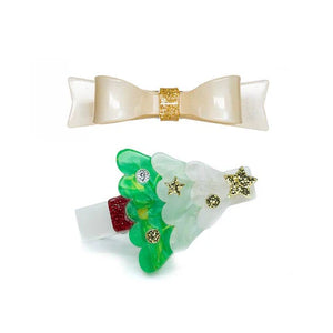 Acrylic Hair Clips - Christmas Tree & Ivory Bow - Olly-Olly