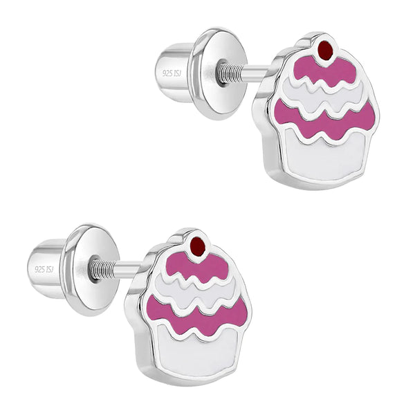 in Season Jewelry - Girls' Frosted with Sprinkles Donut Screw Back Sterling Silver Earrings - Pink & White