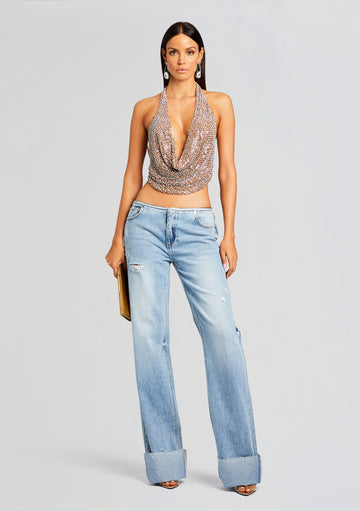 Moore Mid Rise Flare Crystal Embellished Jean