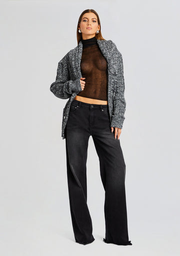 Piper Silk Rib Cropped Cardigan / Charcoal