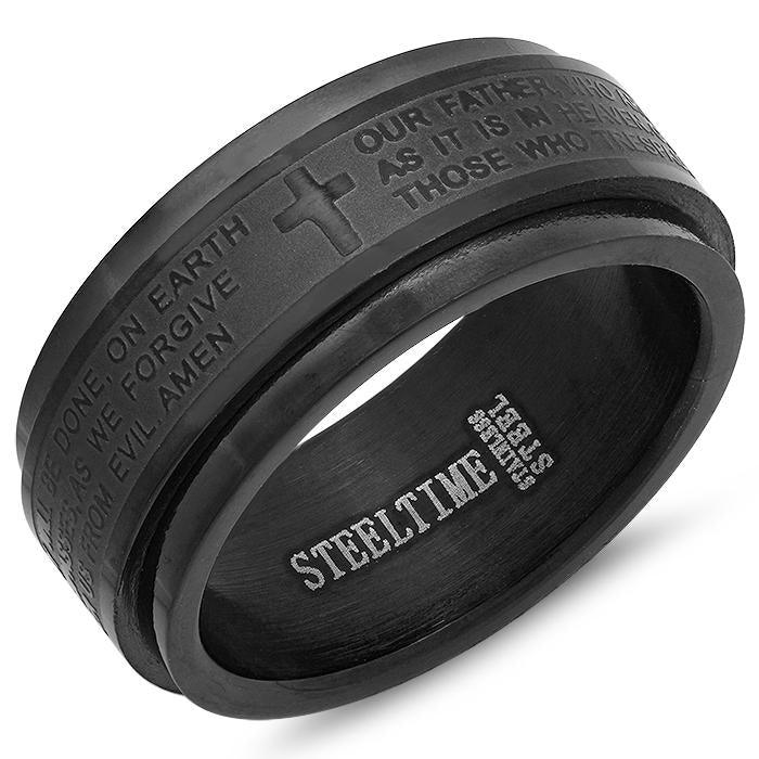 Men's Stainless Steel Black Ip Spinner Ring With Lord's Prayer In English