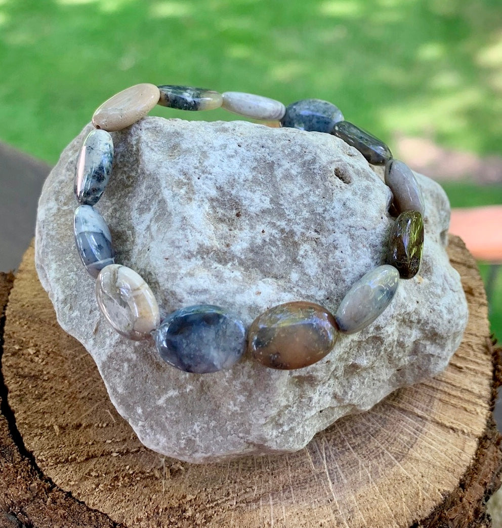 Silver Leaf Jasper Bead Bracelet Handcrafted Healing Crystal Energy Jewelry