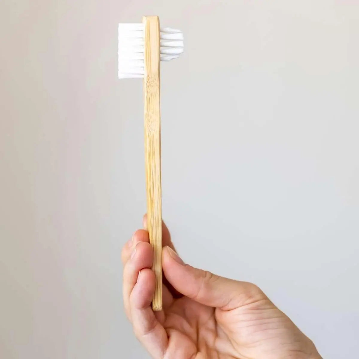 bamboo brush held in hand