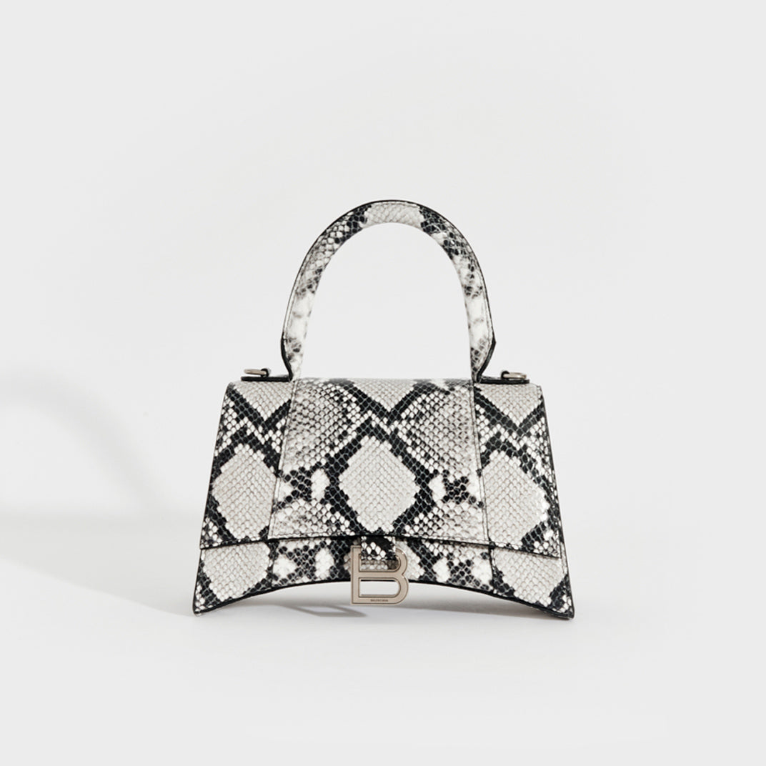 Womens Hourglass Mini Handbag Metallized Crocodile Embossed in Silver   Balenciaga GB