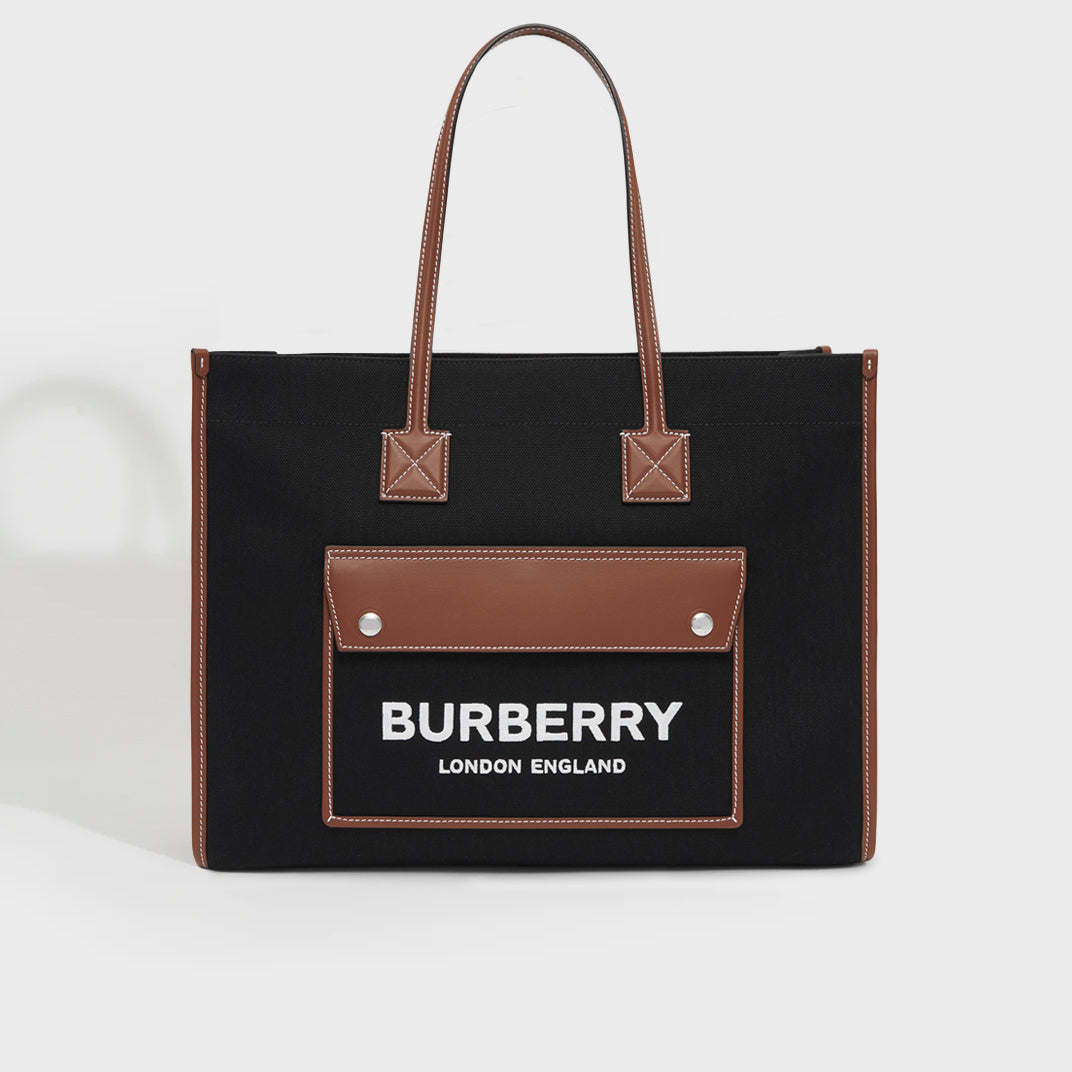 BURBERRY Black/Tan Medium Canvas Leather Freya Tote | COCOON