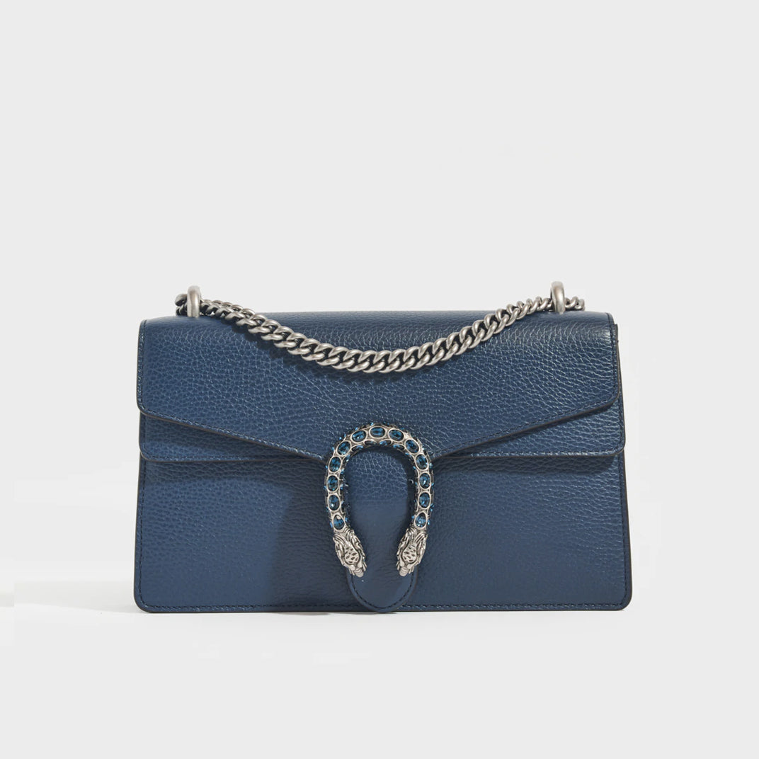 GUCCI Dionysus Small Leather Shoulder Bag in Blue With Crystal Buckle |  COCOON