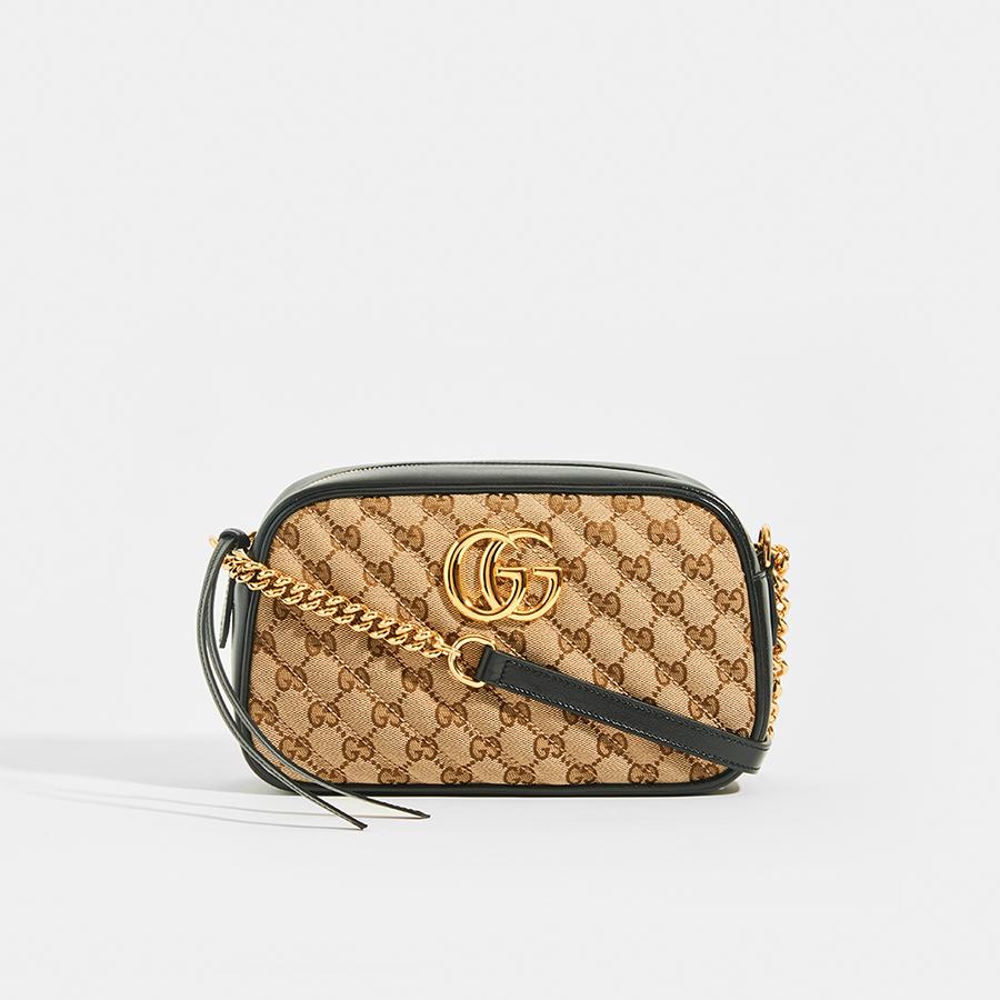 GUCCI | GG Marmont Logo Small Shoulder Bag in Canvas and Black Leather ...