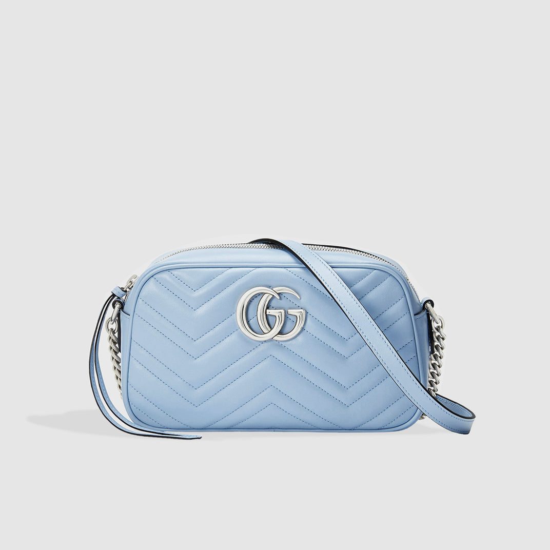 GUCCI GG Marmont Small Shoulder Bag in Pastel Blue Leather | COCOON