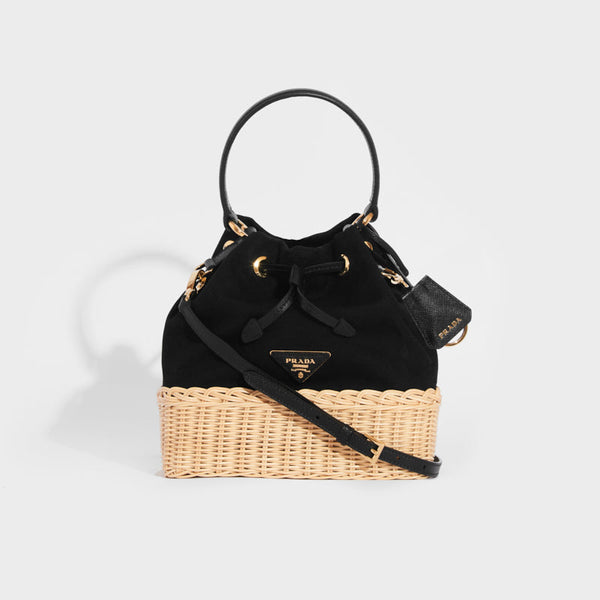 PRADA Canvas and Wicker Drawstring Bucket Bag in Black | COCOON