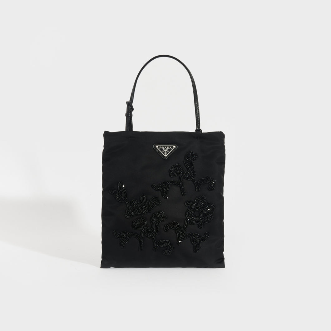 PRADA Floral-Beaded Nylon Bag in Black | COCOON