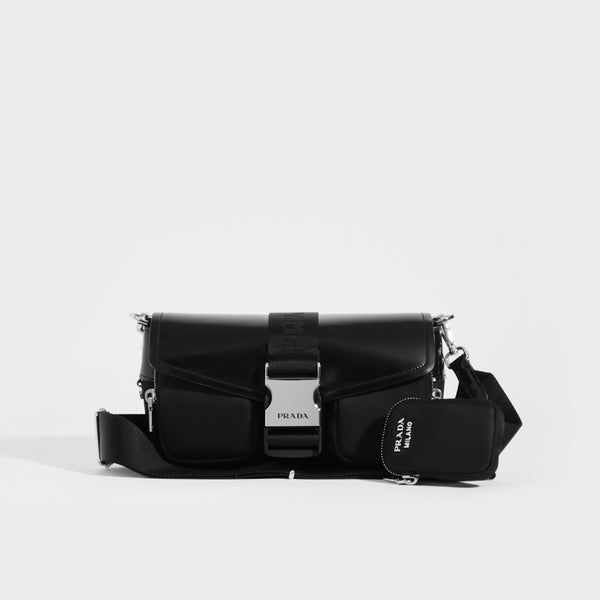 PRADA Pocket Nylon and Brushed Leather Bag in Black | COCOON