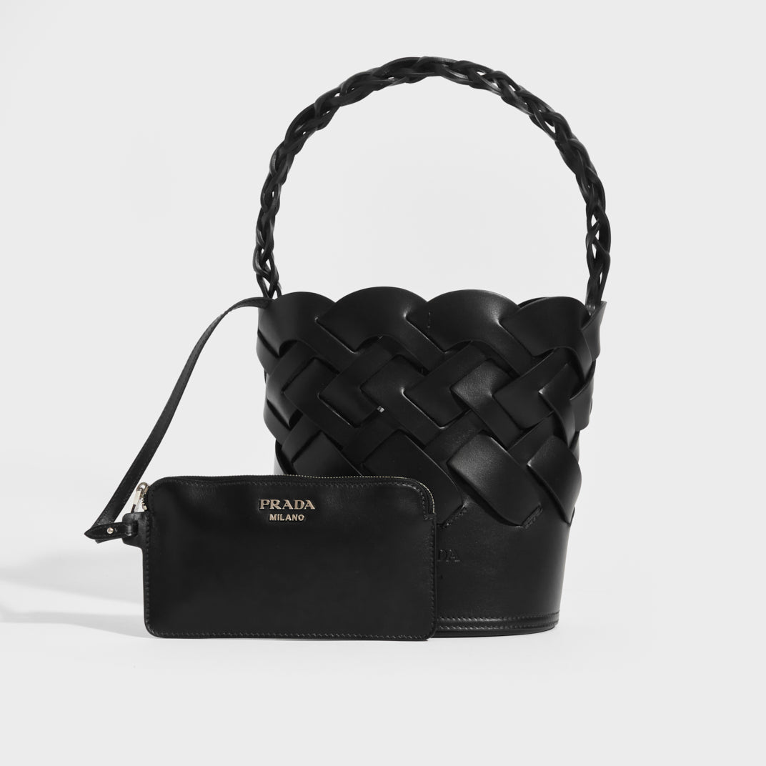 PRADA Small Woven Leather Bucket Bag in Black | COCOON