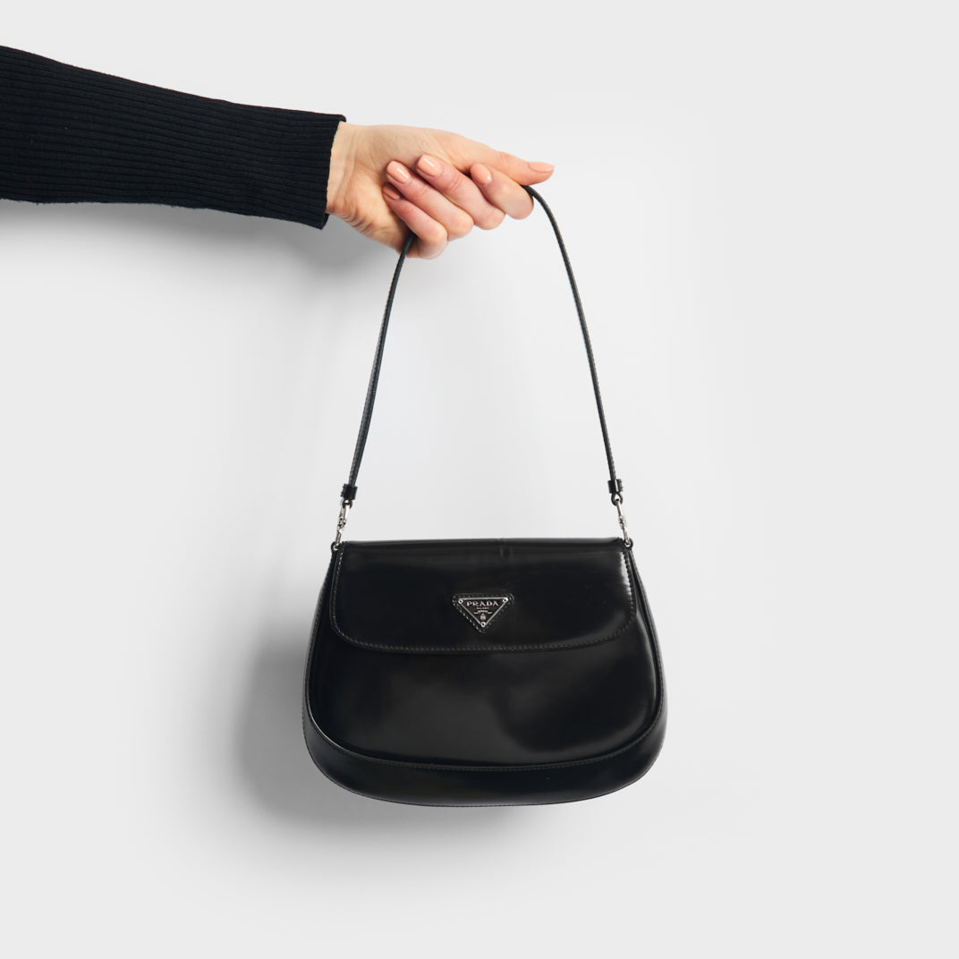PRADA Cleo Brushed Leather Shoulder Bag With Flap in Black | COCOON