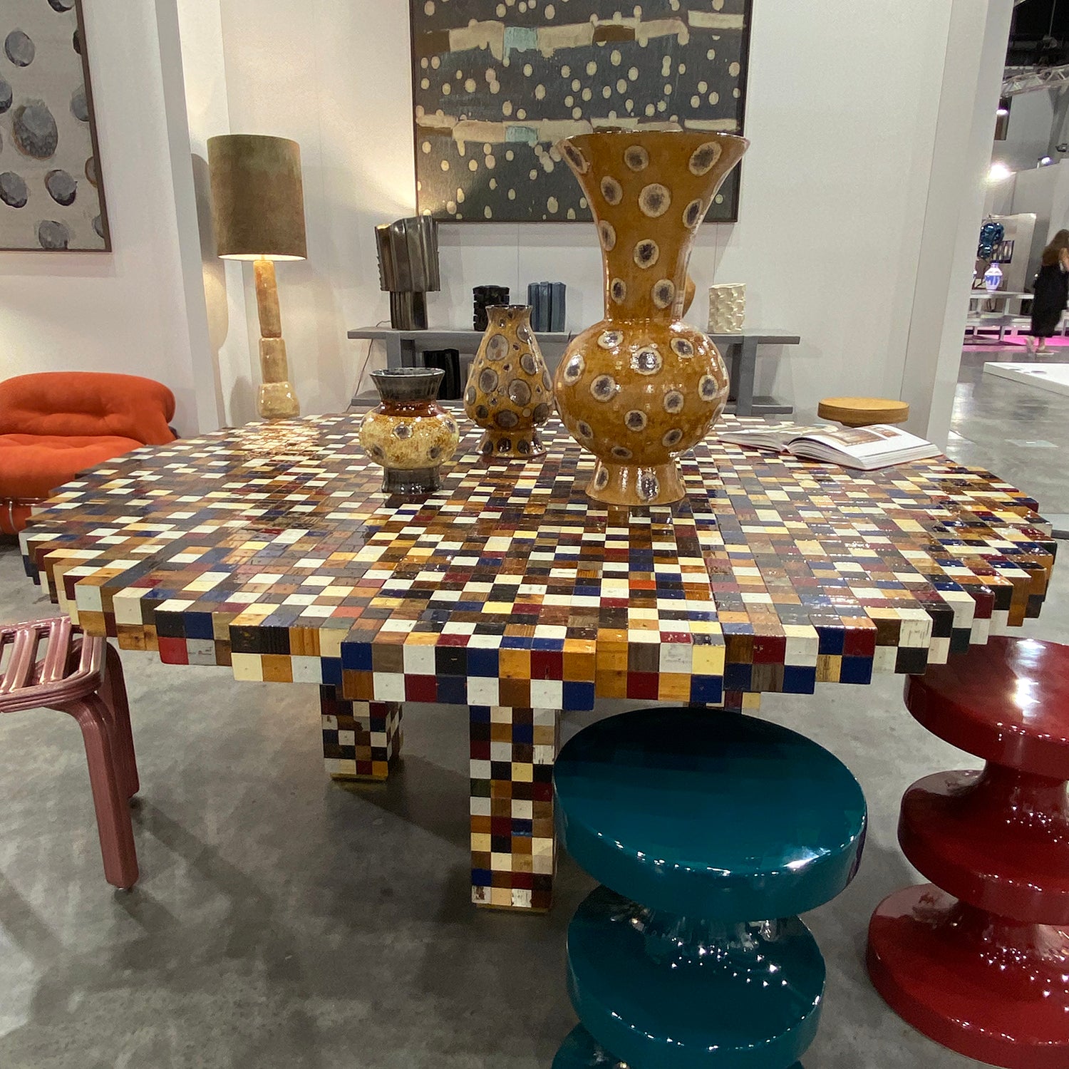 Safari Journal / Blog by Safari Fusion | Melbourne Design Fair 2023 | Reclaimed timber table by Piet Hein Eek, Penny Vase by Martyn Thompson and Stools by India Mahdavi