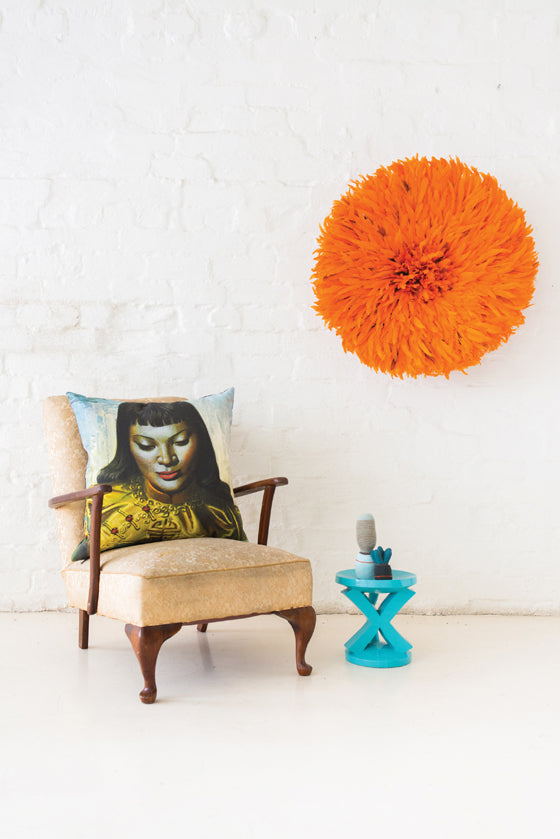 Safari Journal / Blog by Safari Fusion | @artytruda |  Beautiful Orange Bamileke Feather Headdress, Tretchikoff Cushion (Lady from Orient), Batonga Stool (aqua) + Crochet Cactus by Safari Fusion