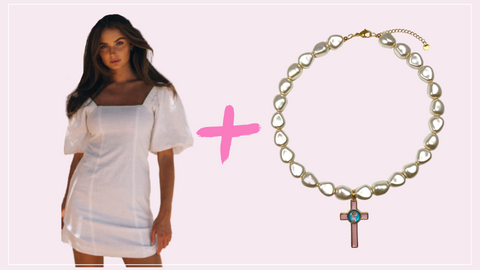 A cut-out picture of a young woman wearing a white linen mini dress shown next to a cut-out image of a Vellva Crystal Pearl Necklace