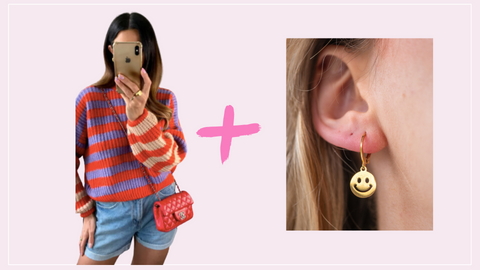 A picture of a woman taking a selfie while wearing a brightly-coloured striped jumper and denim shorts, next to a close-up image of an ear with a smiley face earring