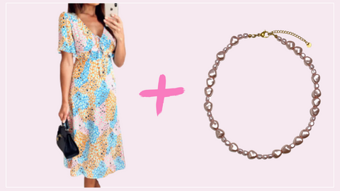 A cut-out image of a woman in a pastel-coloured leopard print midi dress next to a cut-out of a pink crystal pearl Vellva necklace