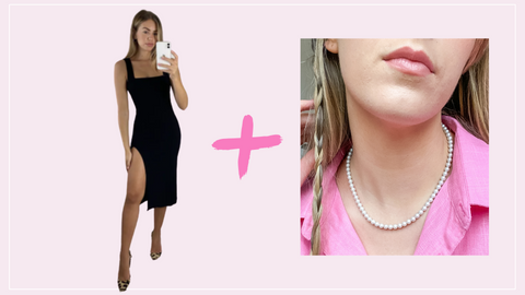 A cut-out image of a woman wearing a black midi dress with a thigh split next to a close-up image of a woman wearing a pink shirt and a matte grey crystal pearl necklace