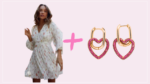A cut-out image of a woman wearing a white floral dress next to the cut-out image of a pair of pink heart-shaped earrings by Vellva Jewellery