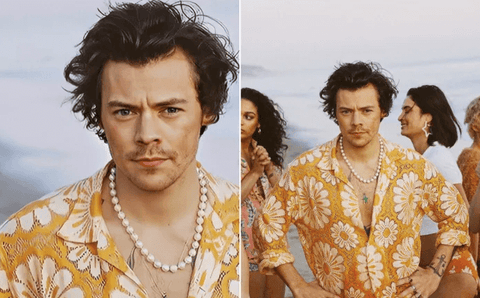 Harry Styles wearing a pearl necklace 